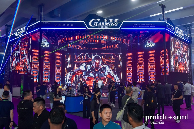 Exhibition stand featuring LED walls, a light show and large crowds at PLS Guangzhou