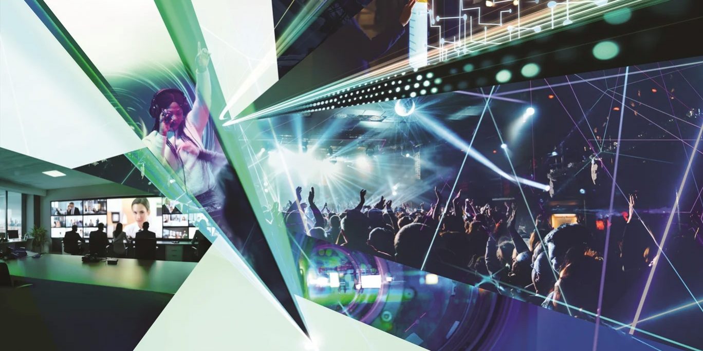 A dynamic key visual consisting of a concert scene, DJ, laser light and conference room compositions.