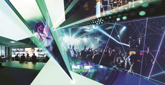 A dynamic key visual consisting of a concert scene, DJ, laser light and conference room compositions.