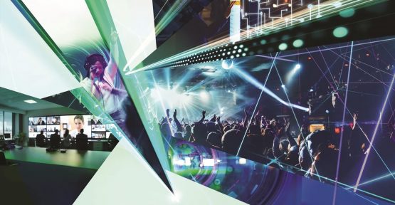 A dynamic key visual consisting of a concert scene, DJ, laser light and conference room compositions.