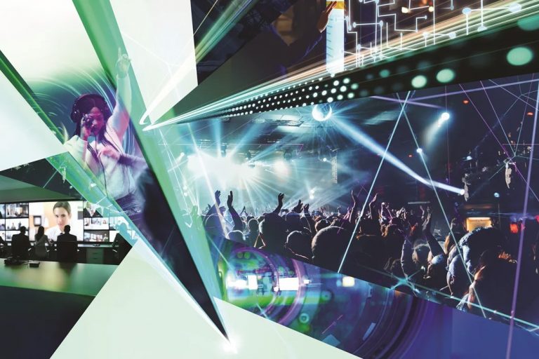 A dynamic key visual consisting of a concert scene, DJ, laser light and conference room compositions.