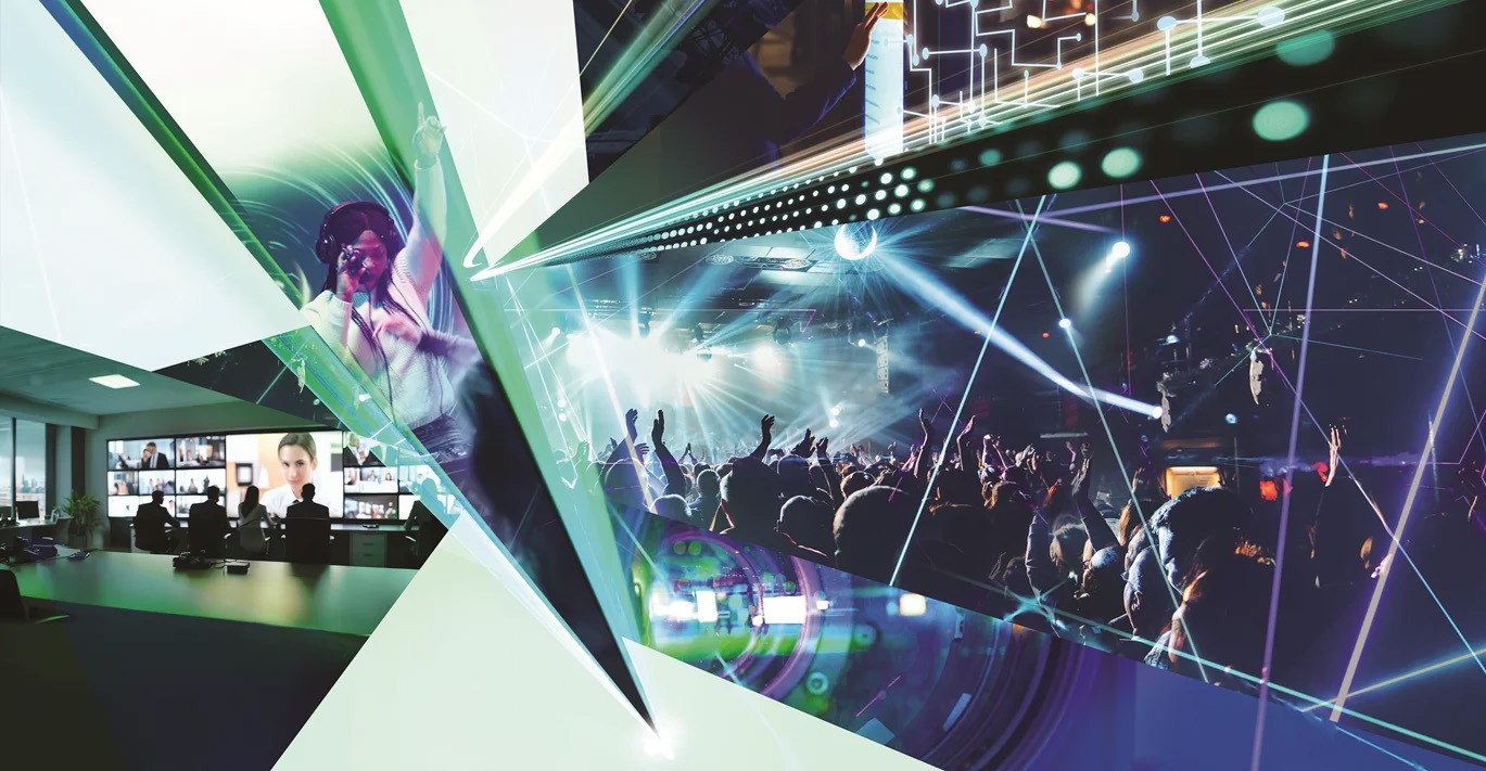 A dynamic key visual consisting of a concert scene, DJ, laser light and conference room compositions.