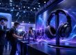 Headphones at a trade fair stand with visitors and futuristic sound waves