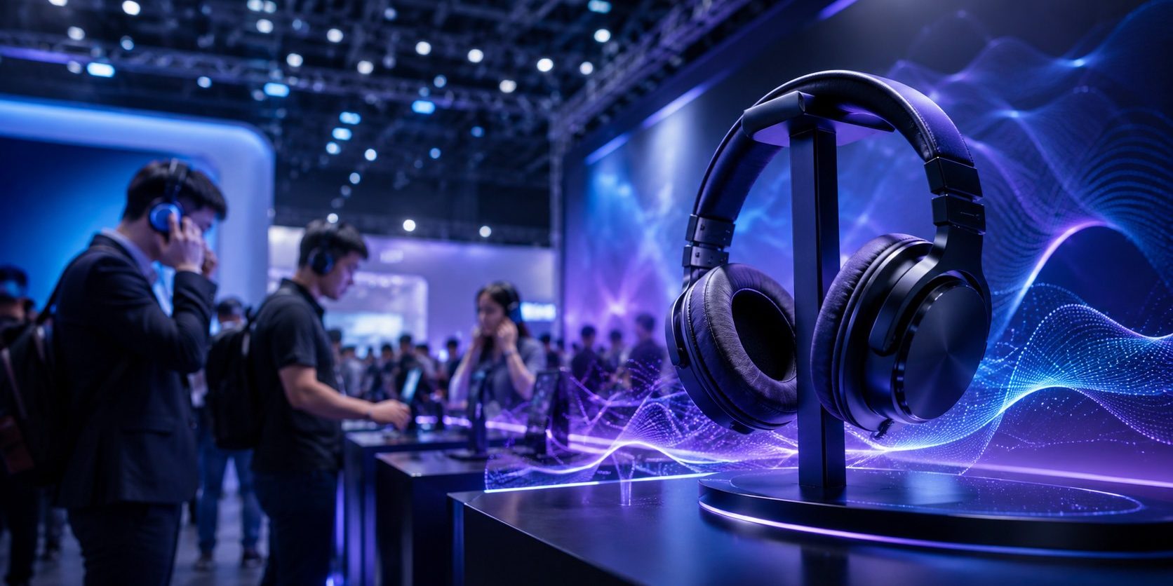 Headphones at a trade fair stand with visitors and futuristic sound waves