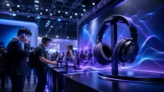 Headphones at a trade fair stand with visitors and futuristic sound waves