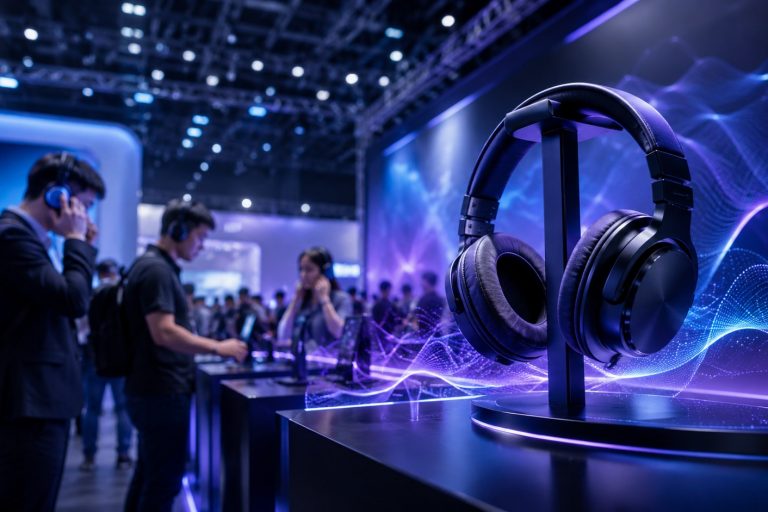 Headphones at a trade fair stand with visitors and futuristic sound waves