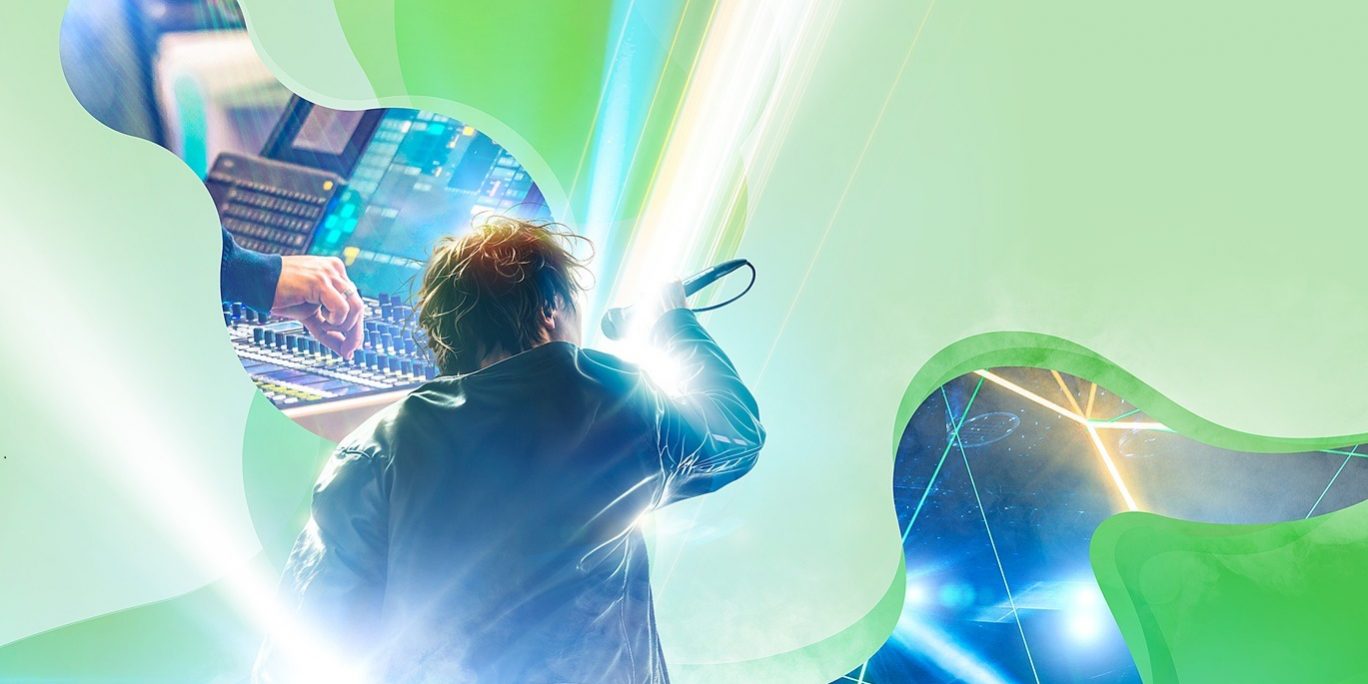 Key Visual mit Sänger, Lichtshow und grünem Design für Prolight + Sound Guangzhou.