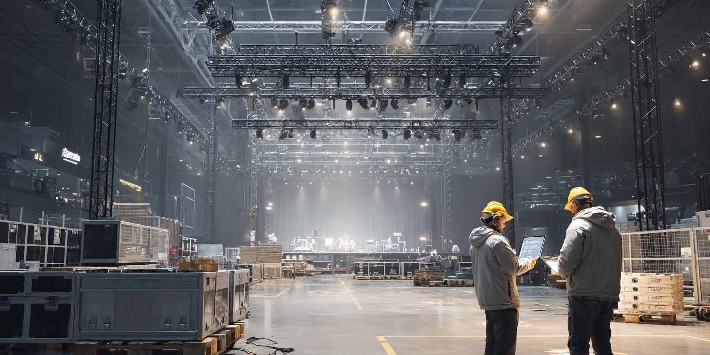 Construction of an event hall with trusses, technology and two technicians during planning
