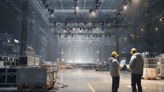 Construction of an event hall with trusses, technology and two technicians during planning