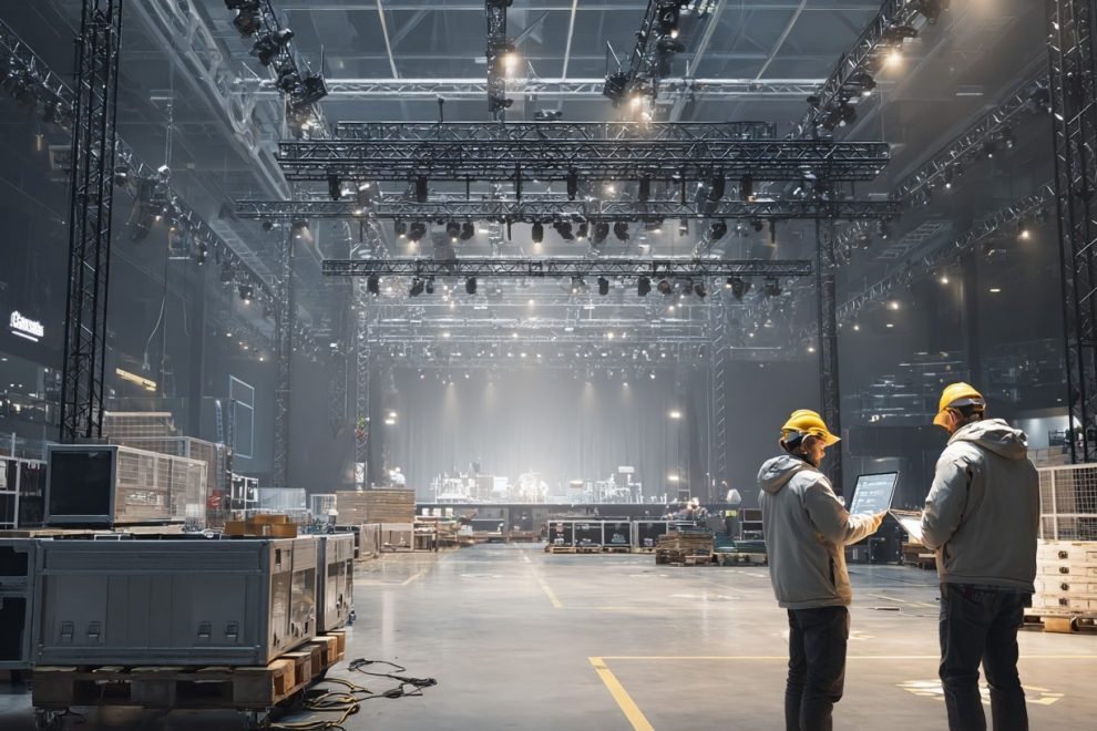 Construction of an event hall with trusses, technology and two technicians during planning