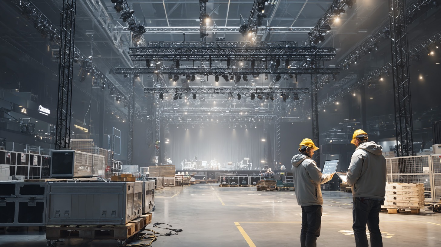 Construction of an event hall with trusses, technology and two technicians during planning