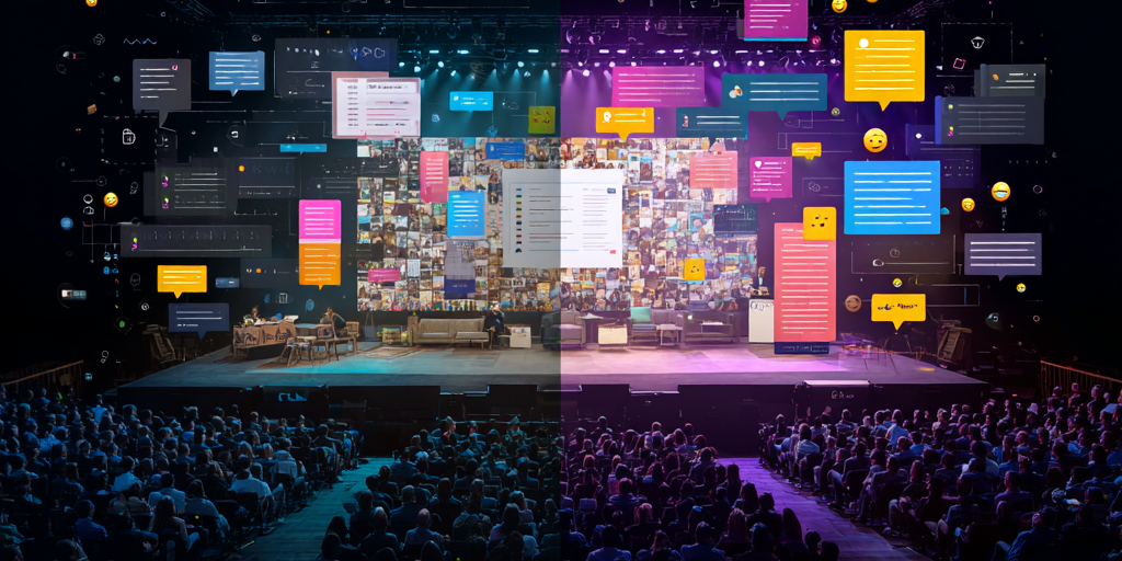 Großveranstaltung mit digitaler Bühneninszenierung, interaktiven Social-Media-Elementen und einem Live-Publikum im Saal