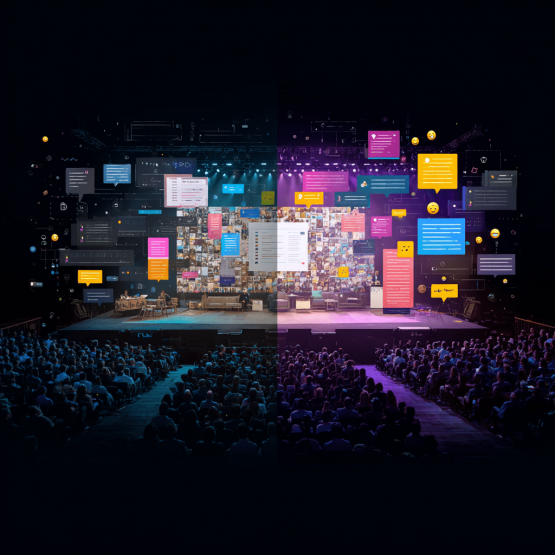 Großveranstaltung mit digitaler Bühneninszenierung, interaktiven Social-Media-Elementen und einem Live-Publikum im Saal
