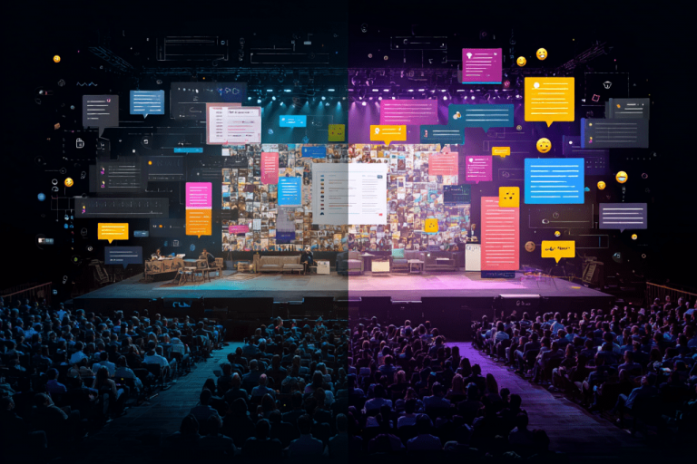 Großveranstaltung mit digitaler Bühneninszenierung, interaktiven Social-Media-Elementen und einem Live-Publikum im Saal