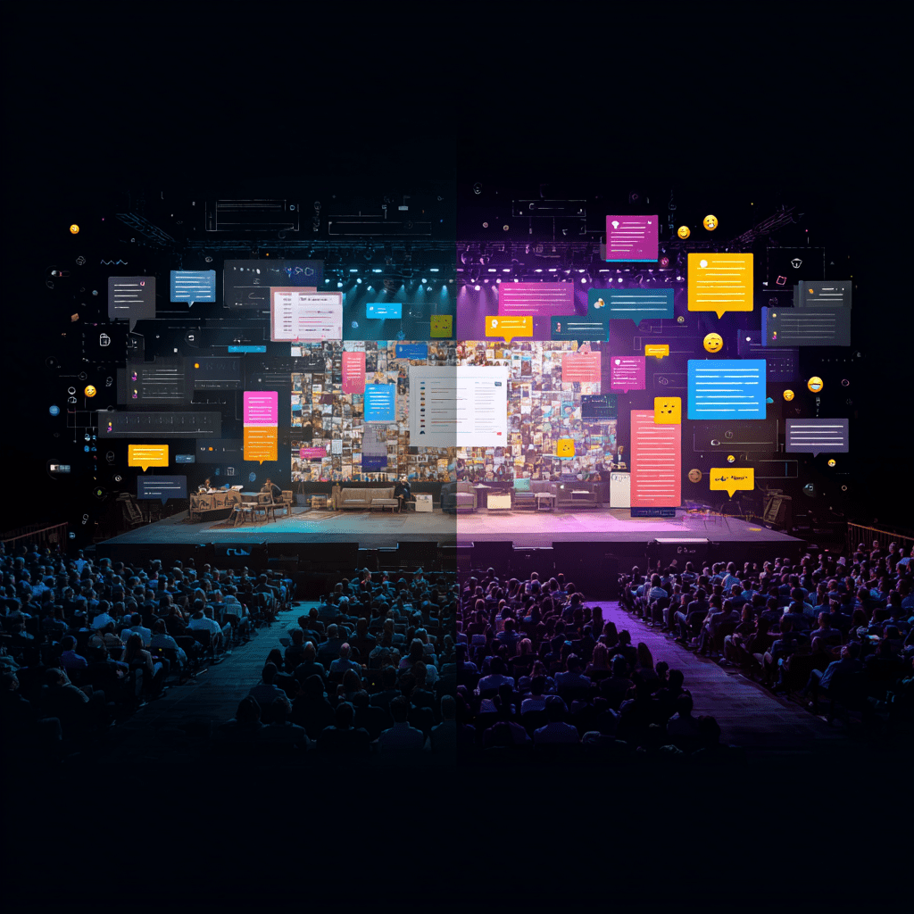Großveranstaltung mit digitaler Bühneninszenierung, interaktiven Social-Media-Elementen und einem Live-Publikum im Saal