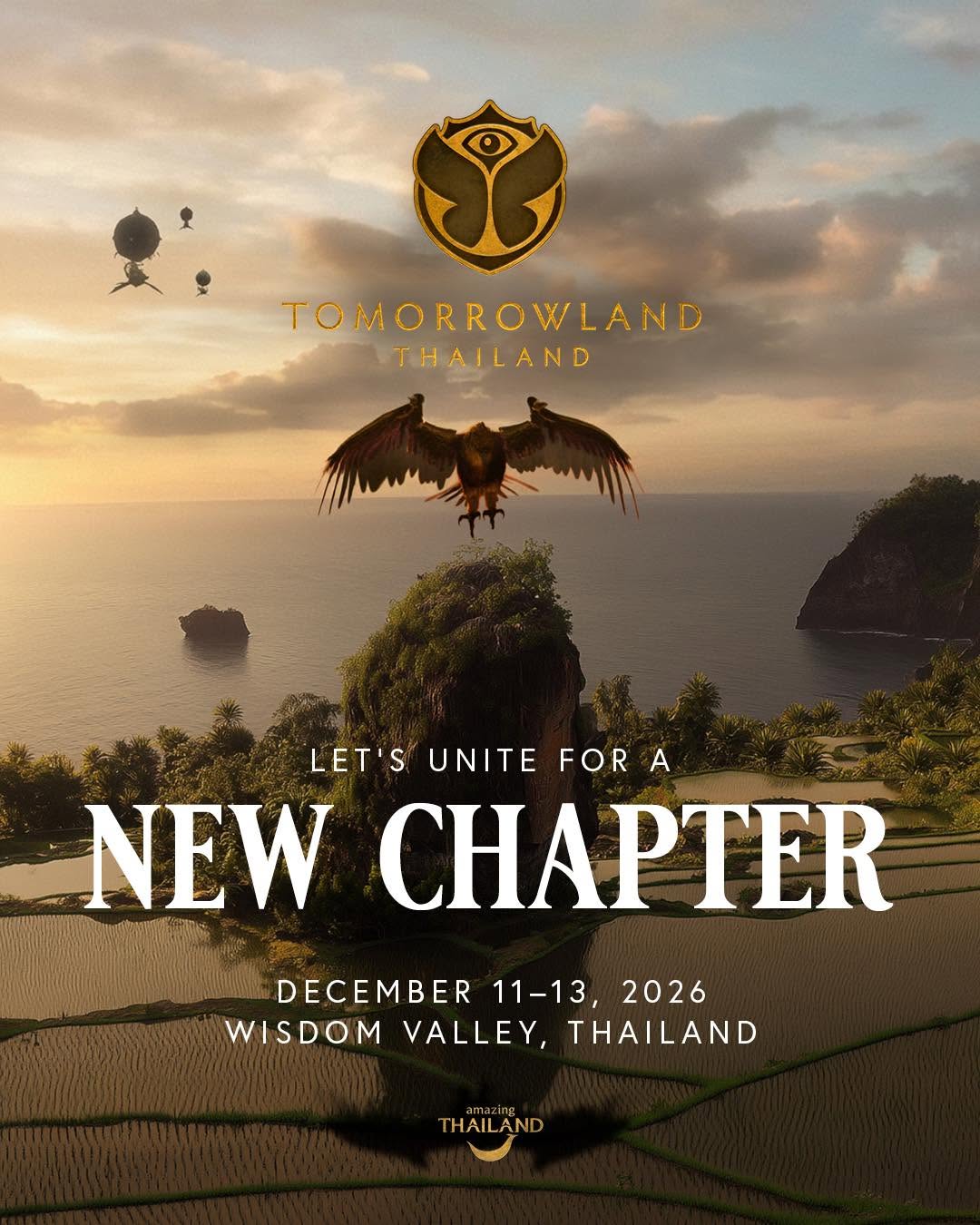 Festival announcement for Tomorrowland Thailand above a tropical landscape