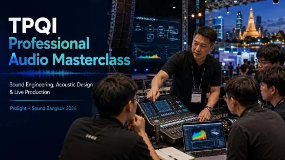 Mehrere Personen arbeiten bei einer Audio-Masterclass gemeinsam an einem digitalen Mischpult.