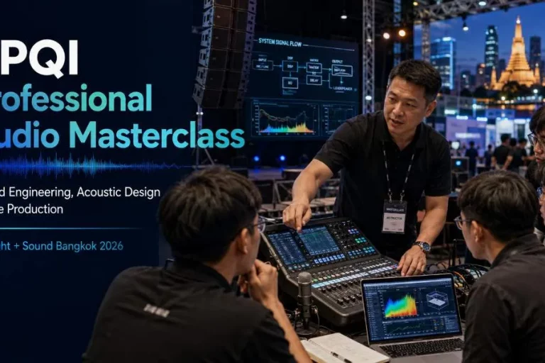 Mehrere Personen arbeiten bei einer Audio-Masterclass gemeinsam an einem digitalen Mischpult.