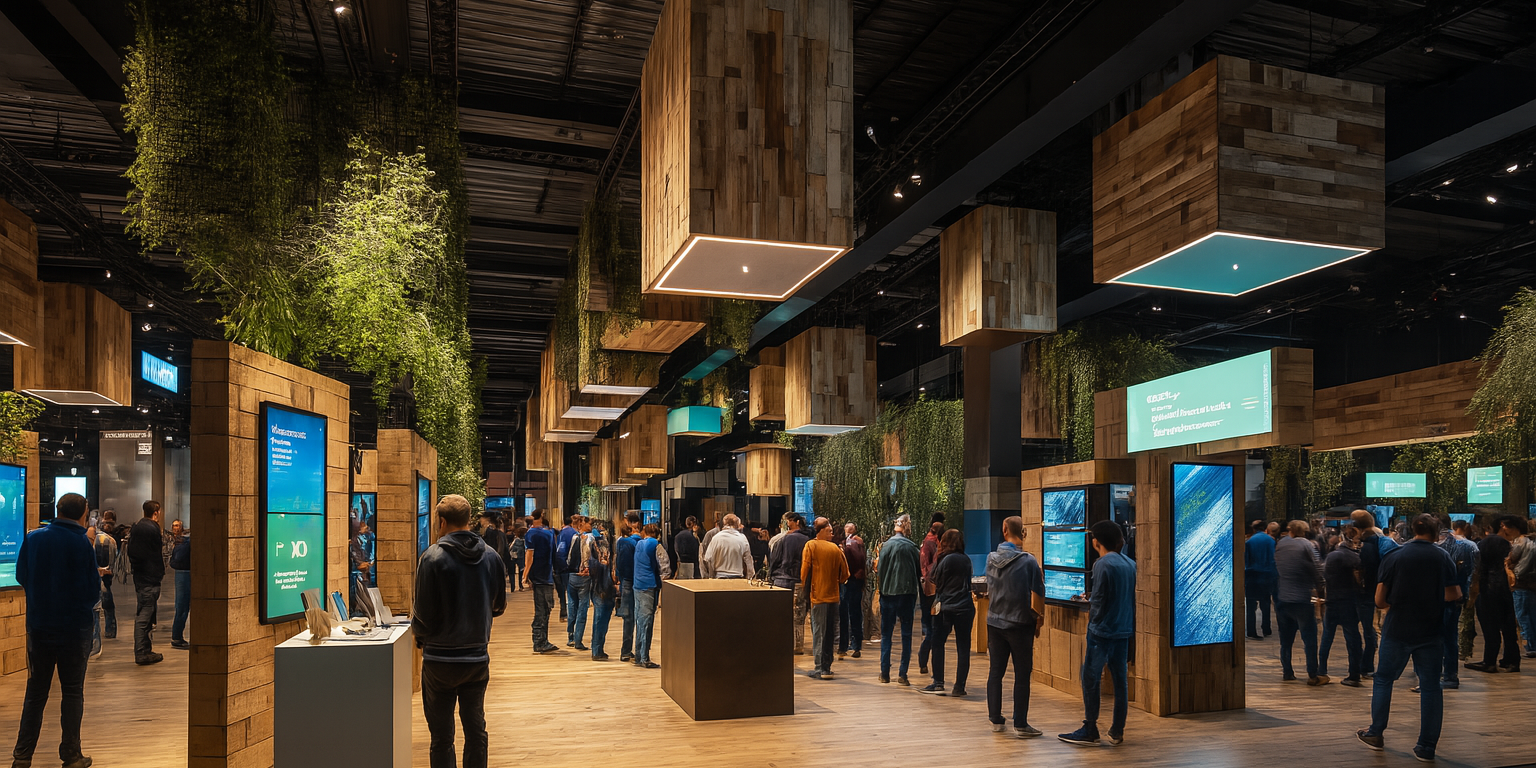unterhaltung-erlebniswelten-messebau-trends Moderner Messebau mit digitalen Elementen und Naturmaterialien als Beispiel für nachhaltige Unterhaltungserlebnisse der Zukunft