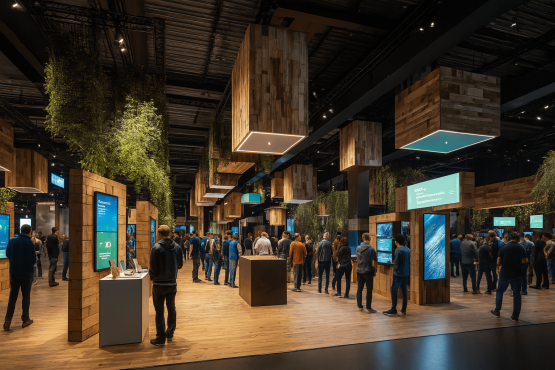 Moderner Messebau mit digitalen Elementen und Naturmaterialien als Beispiel für nachhaltige Unterhaltungserlebnisse der Zukunft