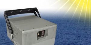 Underwater laser Gray projector with bracket in front of a blue background, with "LIGHTCUBE 851" written above it